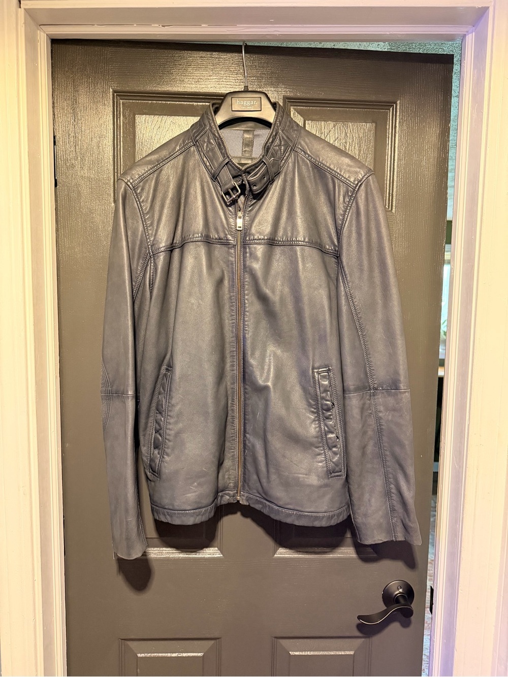 Wilsons Leather Men's Blue Leather Bomber Jacket with Buckle Collar - Picture 1 of 3